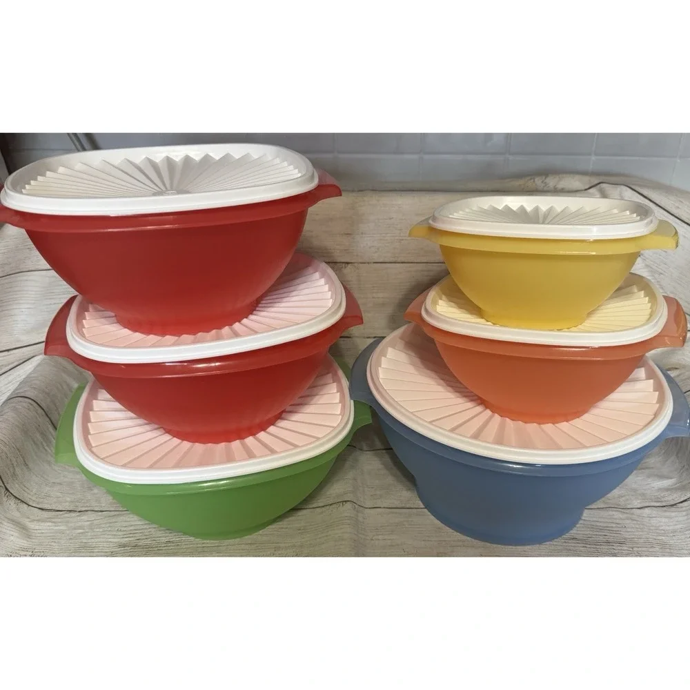 Tupperware Set of 6 Servalier One Touch Bowls & Lids Rainbow Colors Must See